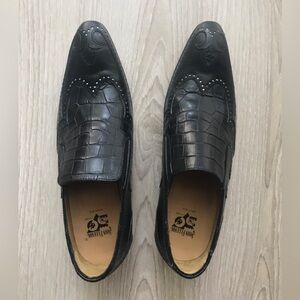 FLUEVOG, Iggy- Black Croc-Embossed Slip-On Loafers, size 9